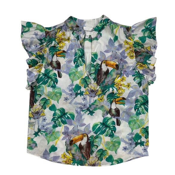 Lavender Brown Blouse Top XS Multicolor Toucan Design Ruffle Cap Sleeve V-Neck - Picture 12 of 12